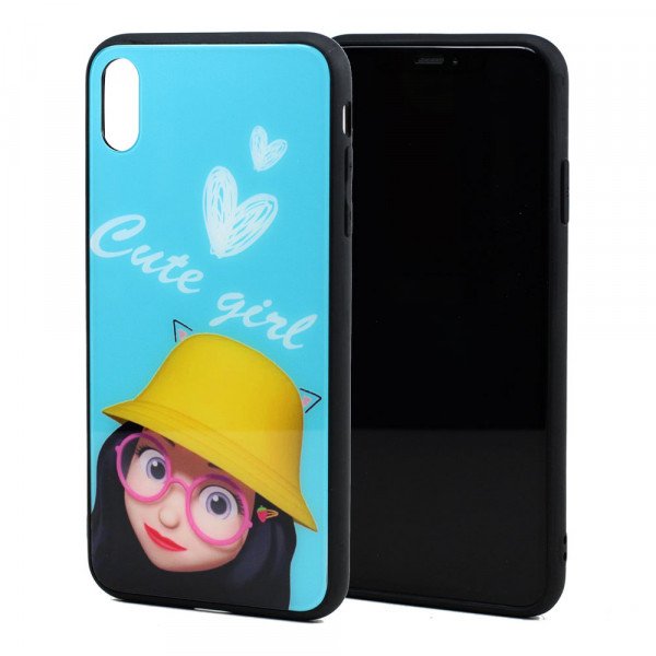 Wholesale iPhone Xr 6.1in Design Tempered Glass Hybrid Case (Cute Girl)